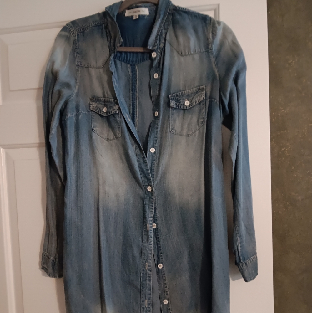 BD Collection Long Light Blue Chambray Denim Shirt, Can Be Mini Dress